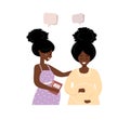 Pregnant african girl talk to each other. Business women discuss social network, chat with dialog speech bubbles, debate