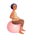 Pregnant African woman sitting on fitball. Pregnancy vector illustration.