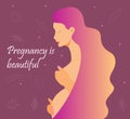 Pregnant attractive woman with long hair is smiling. Pregnant is beautiful. Floral background