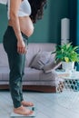 pregnant barefoot woman staying on scales near comfort couch with plant