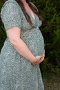 Pregnant belly profile view of woman in flowers dress hands on tummy Royalty Free Stock Photo