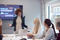 Pregnant  Businesswoman Leads Creative Meeting Of Women Collaborating Around Table In Modern Office Royalty Free Stock Photo