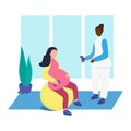 Pregnant character on fitball and dumbbell with assistant on white background