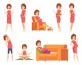 Pregnant characters. Healthy happy woman eating sleeping sporting active working pregnancy female lifestyle vector