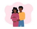 Pregnant couple. Happy married african american pregnant woman and hugging her man. Expectant mom and dad couple. Vector flat