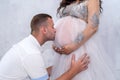 Pregnant couple. Man kissing his beautiful wife in belly. Waiting for a baby Royalty Free Stock Photo