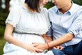 Pregnant couple in summer. Expectant mother and her husband waiting for baby. Love, family, pregnancy concept Royalty Free Stock Photo