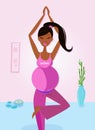 Pregnant dark skinned woman doing yoga, tree pose