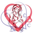 Pregnant elegant woman expects baby, hand-drawn vector illustration composed by heart shape frame. Love and fondle theme. Mothers