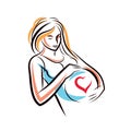 Pregnant elegant woman expects baby, hand-drawn vector illustration composed by heart shape frame. Love and fondle theme. Mothers