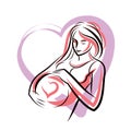 Pregnant elegant woman expects baby, hand-drawn vector illustration composed by heart shape frame. Love and fondle theme. Mothers