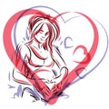 Pregnant elegant woman expects baby, hand-drawn vector illustration composed by heart shape frame. Love and fondle theme. Mothers