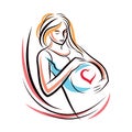 Pregnant elegant woman expects baby, hand-drawn vector illustration composed by heart shape frame. Love and fondle theme. Mothers