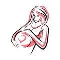 Pregnant elegant woman expects baby, hand-drawn vector illustration composed by heart shape frame. Love and fondle theme. Mothers