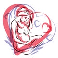 Pregnant elegant woman expects baby, hand-drawn vector illustration composed by heart shape frame. Love and fondle theme. Mothers