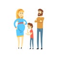 Pregnant family couple and their son, happy family expecting baby cartoon vector Illustration on a white background