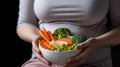 Pregnant Female Embraces Wholesome Delights in a White Bowl with Colorful Veggies and Yogurt Sauce. Generative AI