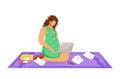 Pregnant freelancer woman with laptop doing her work flat vector illustration