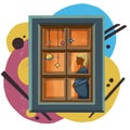 Pregnant Girl In Anticipation Of The Baby Outside The Window In A Flat Design Style Isolated, Illustration