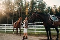 A pregnant girl with a big belly in a hat next to horses near a paddock in nature.Stylish pregnant woman in a brown dress with Royalty Free Stock Photo