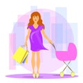 Pregnant girl buys things and stroller for the future baby. Mom`s day. clothes for a newborn. vector illustration