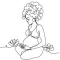 A pregnant girl with curls sits in a lotus position in one line on a white background.