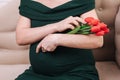 Pregnant girl in  dress holds her hands on her belly Royalty Free Stock Photo