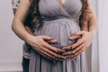 Pregnant girl in a dress holds her hands on her belly Royalty Free Stock Photo