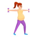 Pregnant girl with dumbbells icon, cartoon style