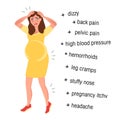 A pregnant girl is holding her head, she is tormented by unpleasant sensations. Symptoms at different stages of pregnancy. Vector