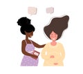 Pregnant girl talk to each other. Business women discuss social network, chat with dialog speech bubbles, debate working
