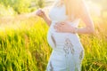 Pregnant girl walks in the field Royalty Free Stock Photo