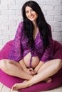 Pregnant girl is wearing purple underwear Royalty Free Stock Photo