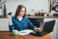 Pregnant girl works at home in self-isolation mode in quarantine and makes online purchases Royalty Free Stock Photo