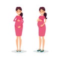 Pregnant happy flat women. Future mom cartoon character. Expectant mother posing.