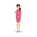 Pregnant happy flat women. Future mom cartoon character. Expectant mother posing. Royalty Free Stock Photo