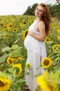 Pregnant happy girl in sunflowers field Royalty Free Stock Photo