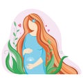 Pregnant happy woman with a baby in her belly, greenery around. Poster in hospital, maternity home, birthing center