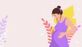 Pregnant happy woman poster. Beautiful banner girl in purple dress and stylish hairstyle smiling holds her belly.