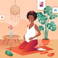 Pregnant happy woman practicing yoga, calm meditating at home, sitting on yoga mat