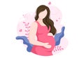 Pregnant Lady with Hugs her Belly or Mother Waiting for the Baby in Flat Cartoon Design Style Background of Leaves Vector