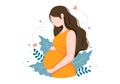 Pregnant Lady with Hugs her Belly or Mother Waiting for the Baby in Flat Cartoon Design Style Background of Leaves Vector