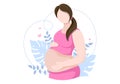 Pregnant Lady with Hugs her Belly or Mother Waiting for the Baby in Flat Cartoon Design Style Background of Leaves Vector