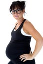 Pregnant model side view looking intelligent with big glasses