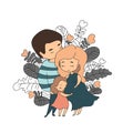 Pregnant mom hugged by dad and little daughter hugging mom`s tummy against various leaves background, illustration
