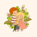 Pregnant mom hugged by dad and little daughter hugging mom`s tummy against various leaves background, illustration in doodle styl