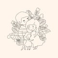 Pregnant mom hugged by dad and little daughter hugging mom`s tummy against various leaves background,