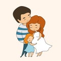 Pregnant mom hugged by dad and little daughter hugging mom`s tummy, illustration in doodle style