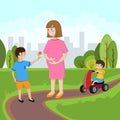 Pregnant mom walks in the summer in the park with young children. Illustration in flat style.