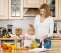 Pregnant mother and daughter in kitchen